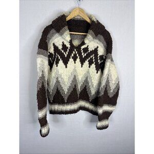 Vintage Cowichan Style Wool Sweater Shawl Collar Brown Cream Men’s M